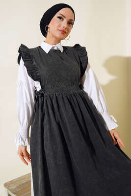 Jile Kot Elbise Füme - Tesettür Elbise