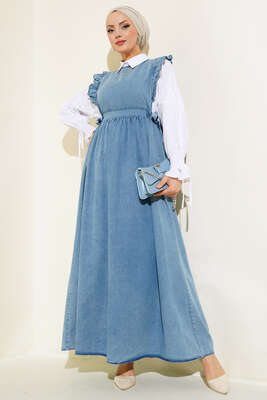 Jile Kot Elbise Kot Mavisi - Tesettür Elbise