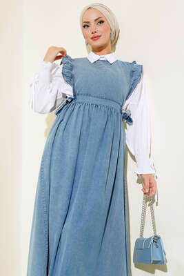 Jile Kot Elbise Kot Mavisi - Tesettür Elbise