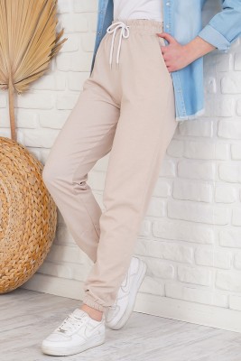 Jogger Paçası Lastikli Bej Pantolon 