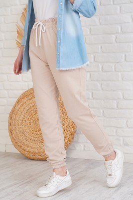 Jogger Paçası Lastikli Bej Pantolon - Pantolon