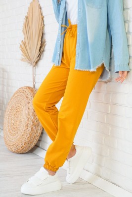 Jogger Paçası Lastikli Sarı Pantolon 