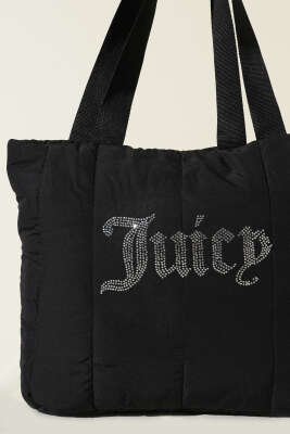 Juicy Yazılı Kristal Taş Detaylı Şişme Omuz Çantası Siyah - Kol Çantası