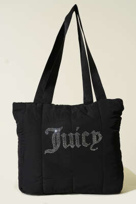 Juicy Yazılı Kristal Taş Detaylı Şişme Omuz Çantası Siyah - GÜZEL ÇANTA