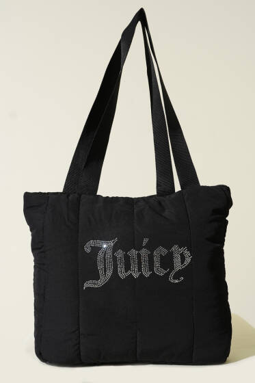 Juicy Yazılı Kristal Taş Detaylı Şişme Omuz Çantası Siyah - Kol Çantası