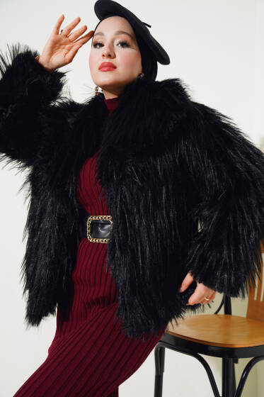 Kabarık Tüylü Ceket Siyah - Ceket