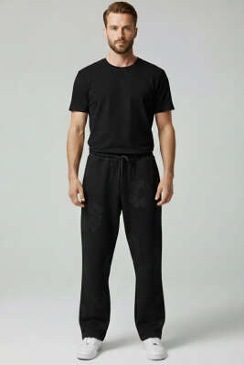 Kabartma Baskı Erkek Eşofman Altı Siyah - Erkek Eşofman Alt