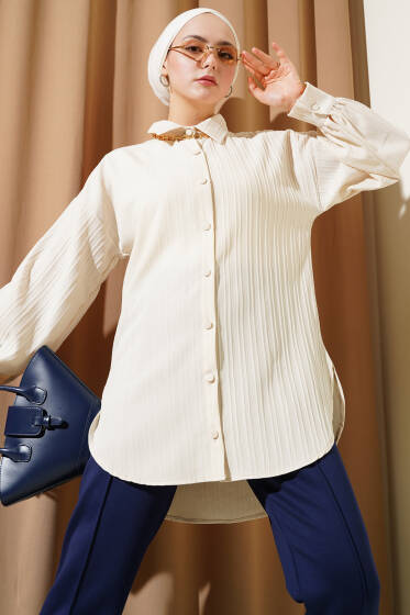 Kabartma Çizgili Balon Kol Gömlek Bej - Gömlek