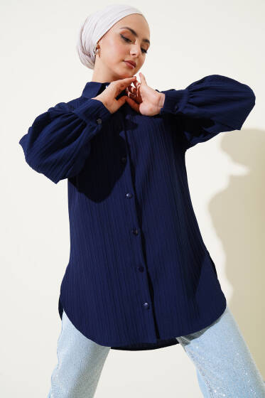 Kabartma Çizgili Balon Kol Gömlek Lacivert - Gömlek