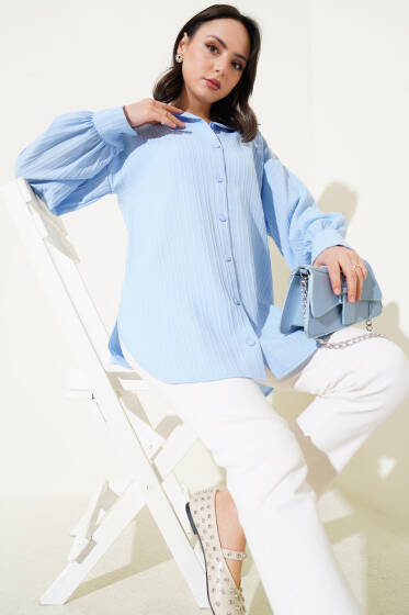 Kabartma Çizgili Balon Kol Gömlek Mavi - Gömlek