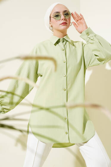 Kabartma Çizgili Balon Kol Gömlek Mint - Gömlek