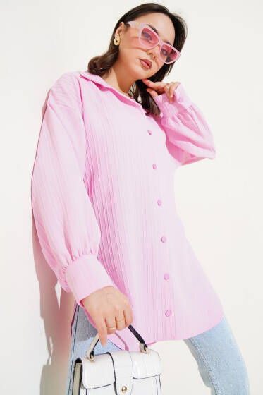 Kabartma Çizgili Balon Kol Gömlek Pembe - Gömlek