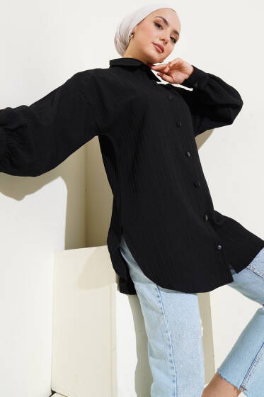 Kabartma Çizgili Balon Kol Gömlek Siyah - Gömlek