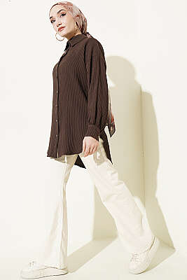 Kabartma Çizgili Bilek İpli Gömlek Kahve - Gömlek