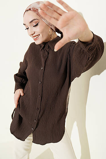 Kabartma Çizgili Bilek İpli Gömlek Kahve - Yılın Fırsatı