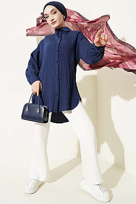 Kabartma Çizgili Bilek İpli Gömlek Lacivert - Gömlek