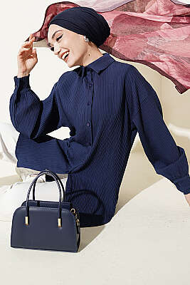 Kabartma Çizgili Bilek İpli Gömlek Lacivert 