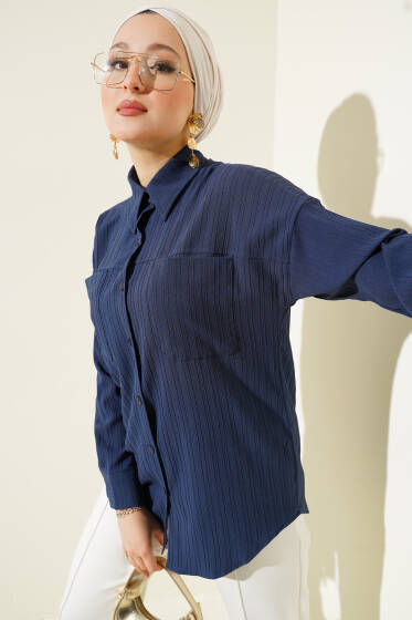 Kabartma Çizgili Göğüs Cepli Gömlek Lacivert - Gömlek