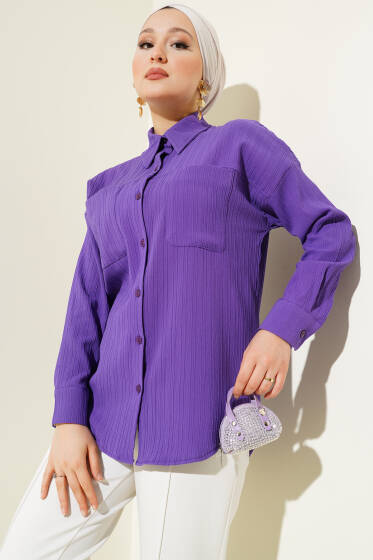Kabartma Çizgili Göğüs Cepli Gömlek Mor - Gömlek