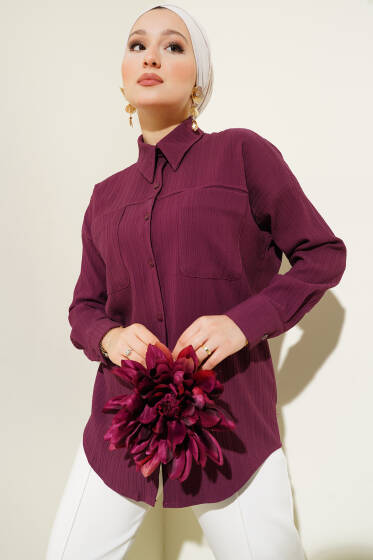 Kabartma Çizgili Göğüs Cepli Gömlek Mürdüm - Gömlek