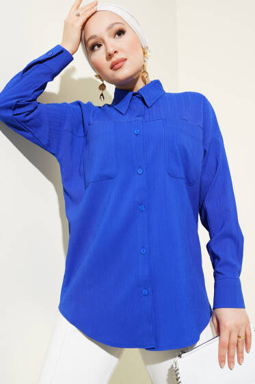 Kabartma Çizgili Göğüs Cepli Gömlek Saks - Gömlek