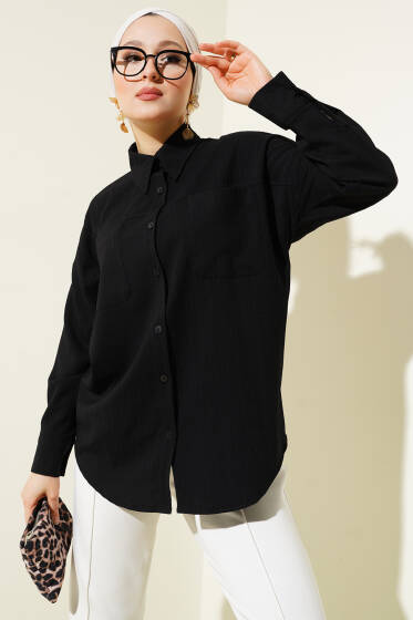 Kabartma Çizgili Göğüs Cepli Gömlek Siyah - Gömlek