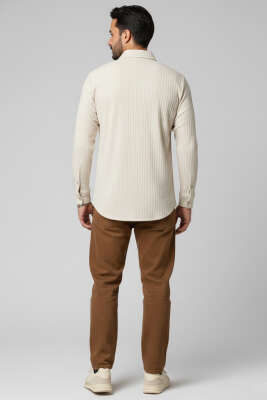 Kabartma Çizgili Jakar Erkek Gömlek Bej - Erkek Gömlek