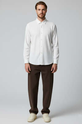 Kabartma Çizgili Jakar Erkek Gömlek Ekru - Erkek Gömlek