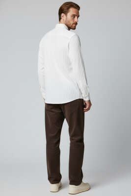 Kabartma Çizgili Jakar Erkek Gömlek Ekru - Erkek Gömlek