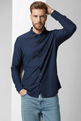 Kabartma Çizgili Jakar Erkek Gömlek Lacivert 