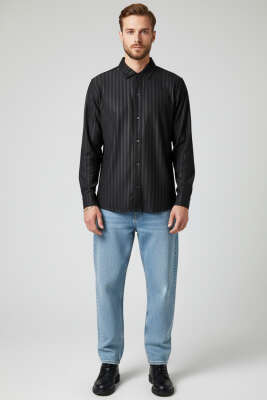 Kabartma Çizgili Jakar Erkek Gömlek Siyah - Erkek Gömlek