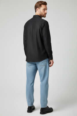 Kabartma Çizgili Jakar Erkek Gömlek Siyah - Erkek Gömlek