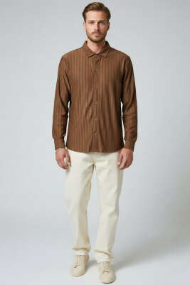 Kabartma Çizgili Jakar Erkek Gömlek Taba - Erkek Gömlek