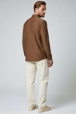 Kabartma Çizgili Jakar Erkek Gömlek Taba - Erkek Gömlek