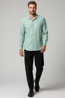 Kabartma Çizgili Jakar Erkek Gömlek Yeşil - Erkek Gömlek