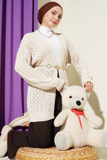 Kabartma Desen Araboy Triko Hırka Bej - Hırka