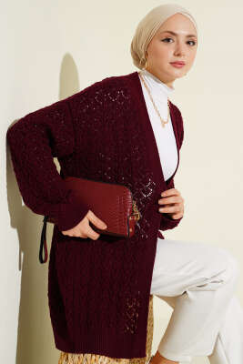 Kabartma Desen Araboy Triko Hırka Bordo - VANİZA TRİKO