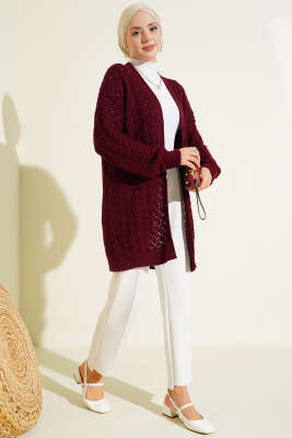 Kabartma Desen Araboy Triko Hırka Bordo - Hırka