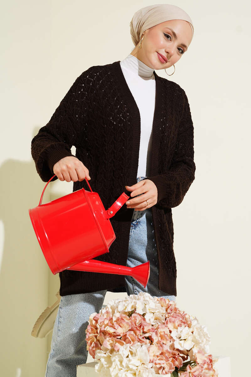 Kabartma Desen Araboy Triko Hırka Kahve