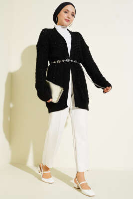 Kabartma Desen Araboy Triko Hırka Siyah - Hırka