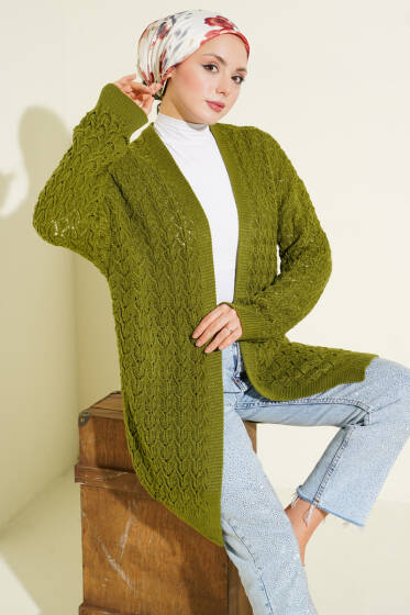 Kabartma Desen Araboy Triko Hırka Yeşil - Hırka