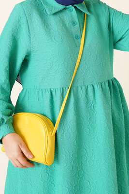 Kabartma Desen Düğmeli Elbise Yeşil - Thumbnail