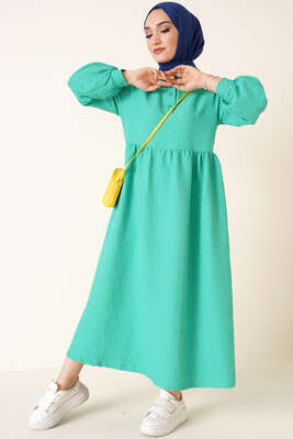 Kabartma Desen Düğmeli Elbise Yeşil - Thumbnail