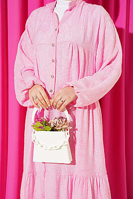 Kabartma Desen Düğmeli Kat Elbise Pembe - Elbise