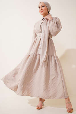 Kabartma Desen Elbise Bej - Tesettür Elbise