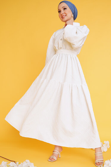 Kabartma Desen Elbise Ekru - Tesettür Elbise