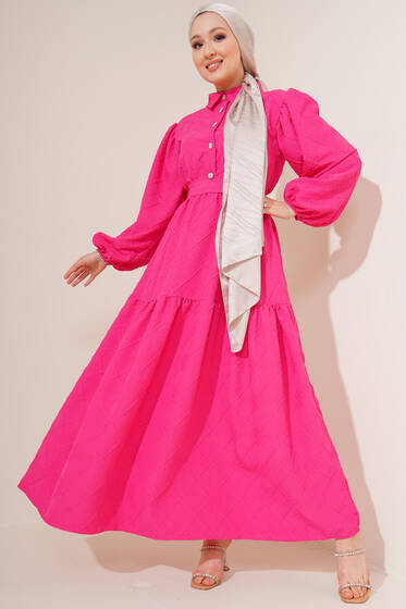 Kabartma Desen Elbise Fuşya - Tesettür Elbise