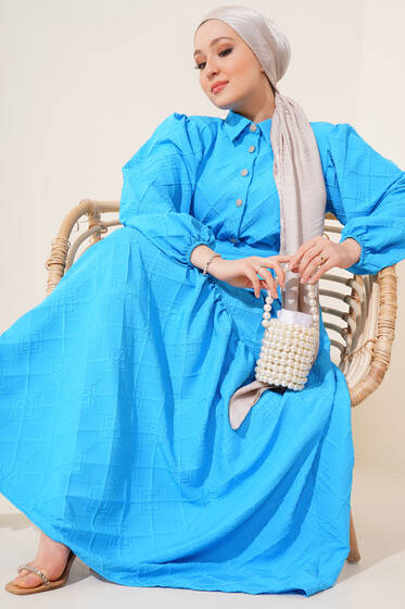 Kabartma Desen Elbise Mavi - Tesettür Elbise