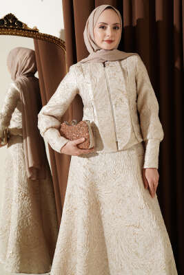 Kabartma Desen Jakarlı Etekli Takım Bej - İkili Takım