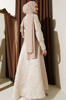 Kabartma Desen Jakarlı Etekli Takım Bej - İkili Takım